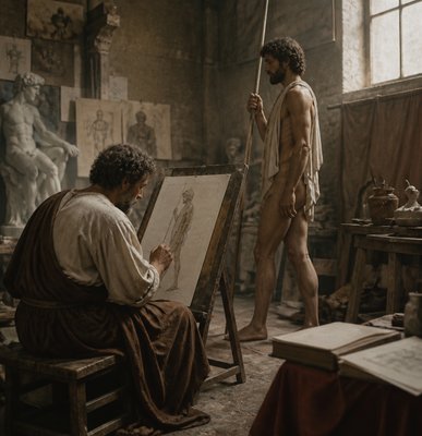 a man standing next to a painting on a easel