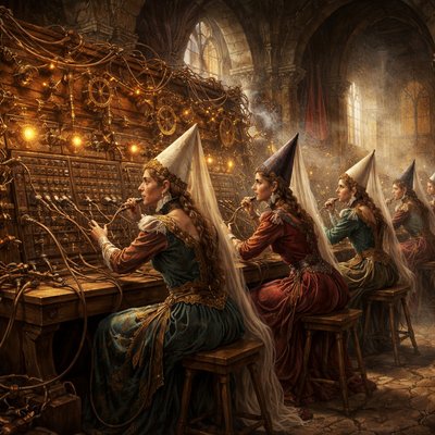 Steampunk Historical Fantasy, Satirical Illustration Style, Cinematic Lighting. A bizarre, anachronistic scene inside a drafty medieval castle great hall (Camelot). A group of noblewomen, dressed in elaborate 6th-century velvet gowns, wimples, and tall pointed hennin hats with veils, are seated on rough wooden stools. They are furiously working a massive, makeshift telephone switchboard operator station.

The Technology: The switchboard is constructed from rough-hewn oak timbers, gleaming brass gears, porcelain insulators, and hundreds of thick, chaotic copper wires that are strung haphazardly across ancient tapestries and stone walls, disappearing out narrow arrow-slit windows.

The Action: The ladies hold bulky, antique Victorian-era earpieces and large brass mouthpieces, plugging heavy cables with oversized jacks into the board with expressions of intense concentration and mild confusion. Knights in armor walk past in the background, looking bewildered. Sunlight streams through gothic windows, illuminating the dust and the clash of eras.