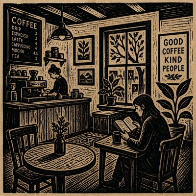 cozy cafe interior with warm lighting
