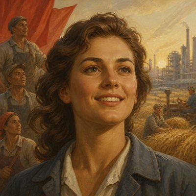 head-and-shoulders portrait of an original character: a young woman with wavy chestnut hair and a warm smile, plain soft backdrop