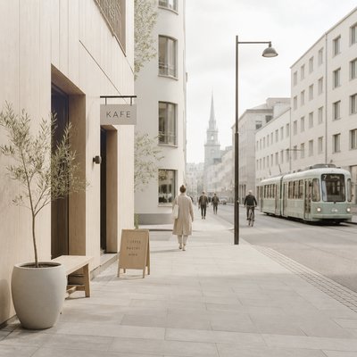urban street with city activity — Scandinavian Furniture Art