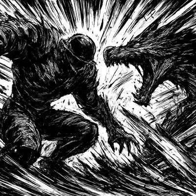 a black and white drawing of a monster