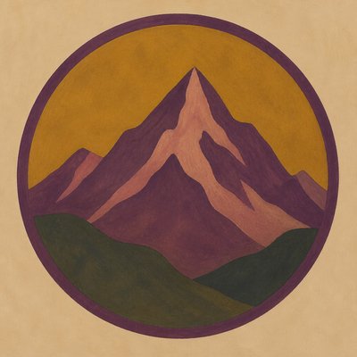 an emblem of a mountain peak inside a circle, simple bold shapes on a plain background, no text or lettering