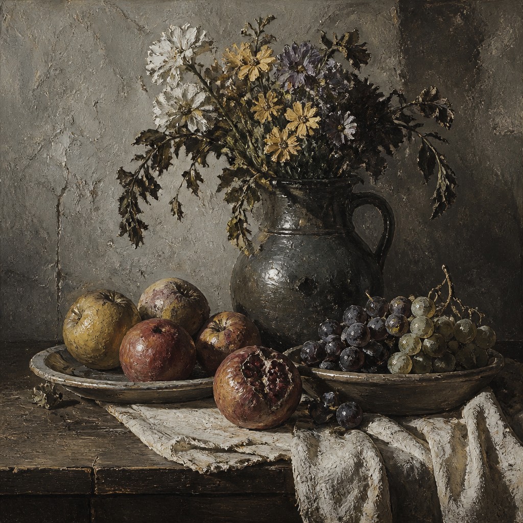 still life arrangement of fruits and flowers