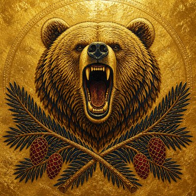 a roaring bear head above crossed pine branches, bold graphic composition on a plain background, no text