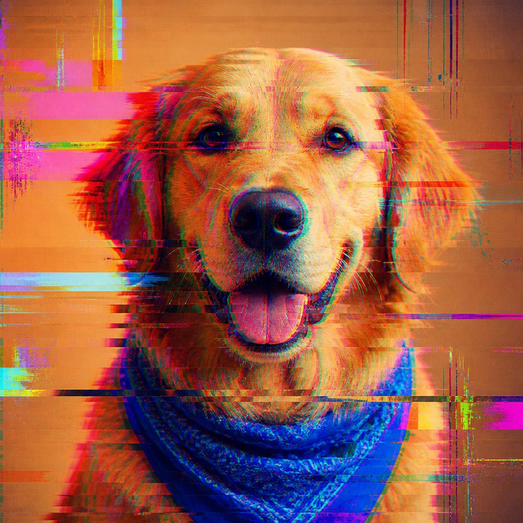 portrait of a golden retriever wearing a blue bandana, warm plain backdrop, no text