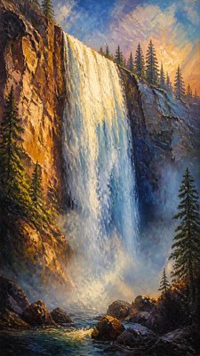 towering waterfall cascading down a cliff