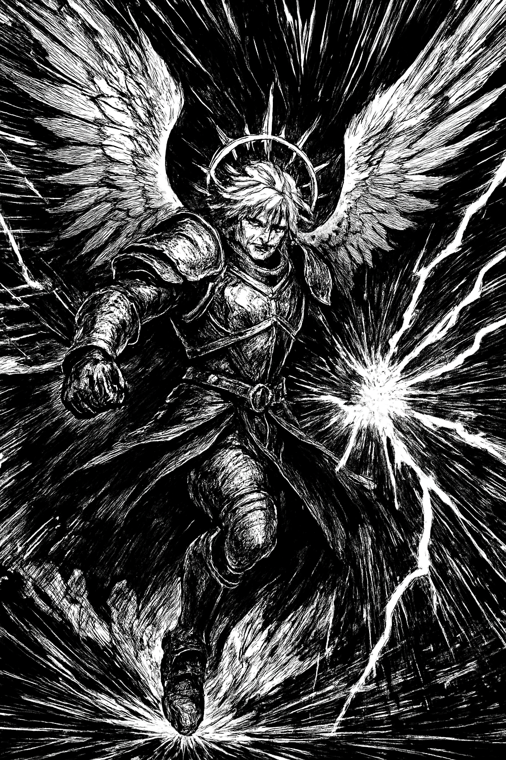 a black and white drawing of an angel