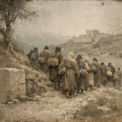 In Old Testament times a group of 12 - 15 Hebrew men and women on pilgrimage ascend a steep road toward Jerusalem and the Temple, headed for the feast of the Passover.  They each carry their own bag, sachel or bedroll.  Anticipation fills the air as the set out on their journey.