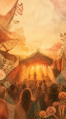 a live music scene with a glowing stage and silhouetted crowd, energetic vertical composition with open space at the top, no text