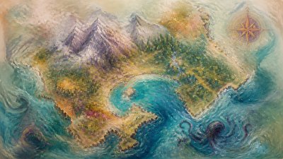 a map of an island realm with mountains, forests, a sheltered bay, sea monsters in the water and a compass rose, no text labels