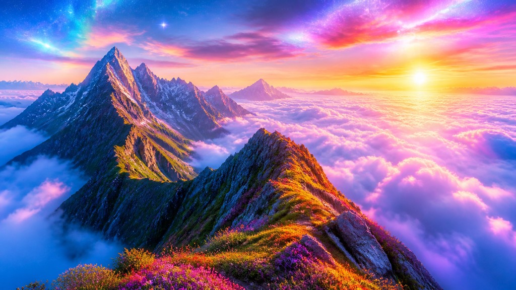 a wide alpine ridge above a sea of clouds, no people