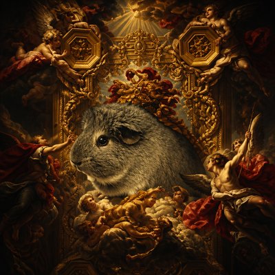 a rabbit in a crown surrounded by angels