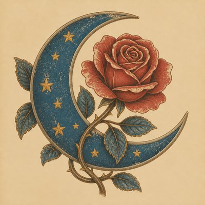 a rose entwined with a crescent moon, clean balanced composition on a plain background, no text