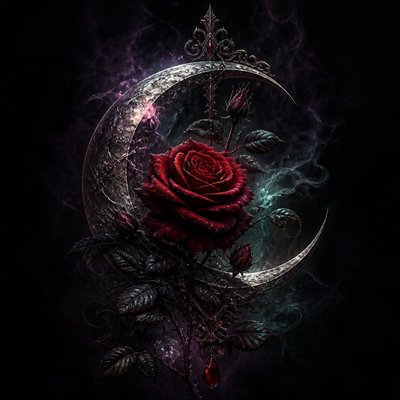 a rose entwined with a crescent moon, clean balanced composition on a plain background, no text