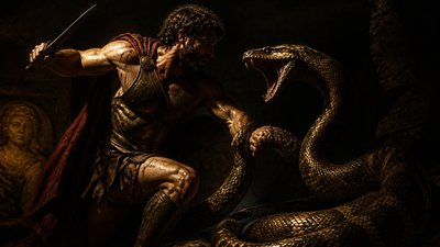 ancient greek warrior fighting a coiled python snake