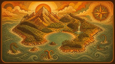 a map of an island realm with mountains, forests, a sheltered bay, sea monsters in the water and a compass rose, no text labels