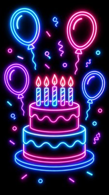 a birthday cake with lit candles surrounded by balloons and confetti, festive vertical composition, no text