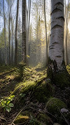 a serene birch forest in soft morning light, no people, no text