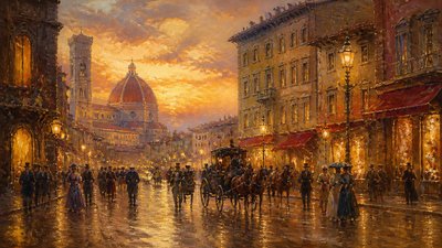 bustling city street panorama at dusk