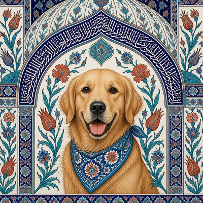 portrait of a golden retriever wearing a blue bandana, warm plain backdrop, no text