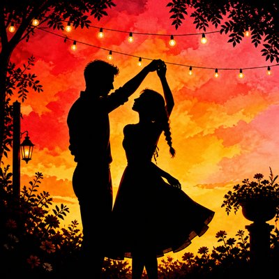 an original couple dancing under string lights in a garden at dusk: a man with short black hair in a linen shirt and a woman with braided red hair in a summer dress