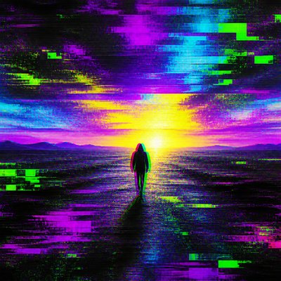 a solitary figure walking toward a glowing horizon across an empty plain, moody atmosphere, no text or lettering