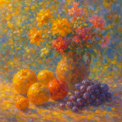 still life arrangement of fruits and flowers