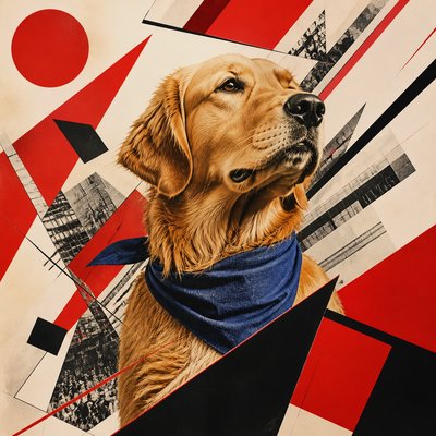 portrait of a golden retriever wearing a blue bandana, warm plain backdrop, no text