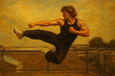 a painting of a man doing a trick on a skateboard