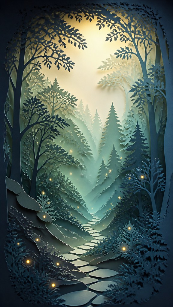 a mysterious forest path with fireflies and drifting mist, atmospheric vertical composition with open space at the top, no text