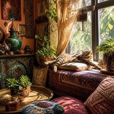 a cat lounging in a sunlit window