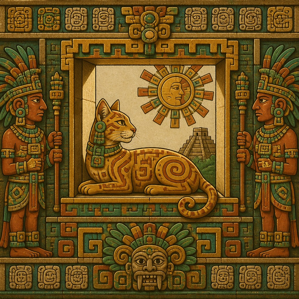 a cat lounging in a sunlit window — Pre-Columbian Art Style