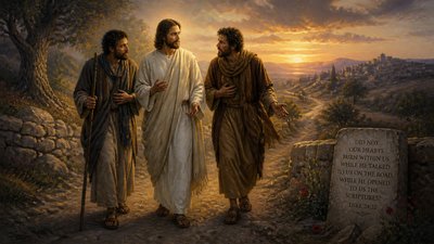 scene: the Lord Jesus speaks to two disciples on the Road to Emmaus.
Caption: “Did not our hearts burn within us while he talked to us on the road, while he opened to us the Scriptures?” (Luke 24:32) 
