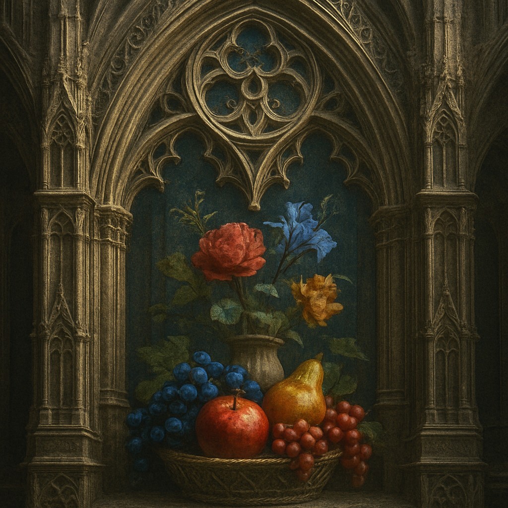 still life arrangement of fruits and flowers