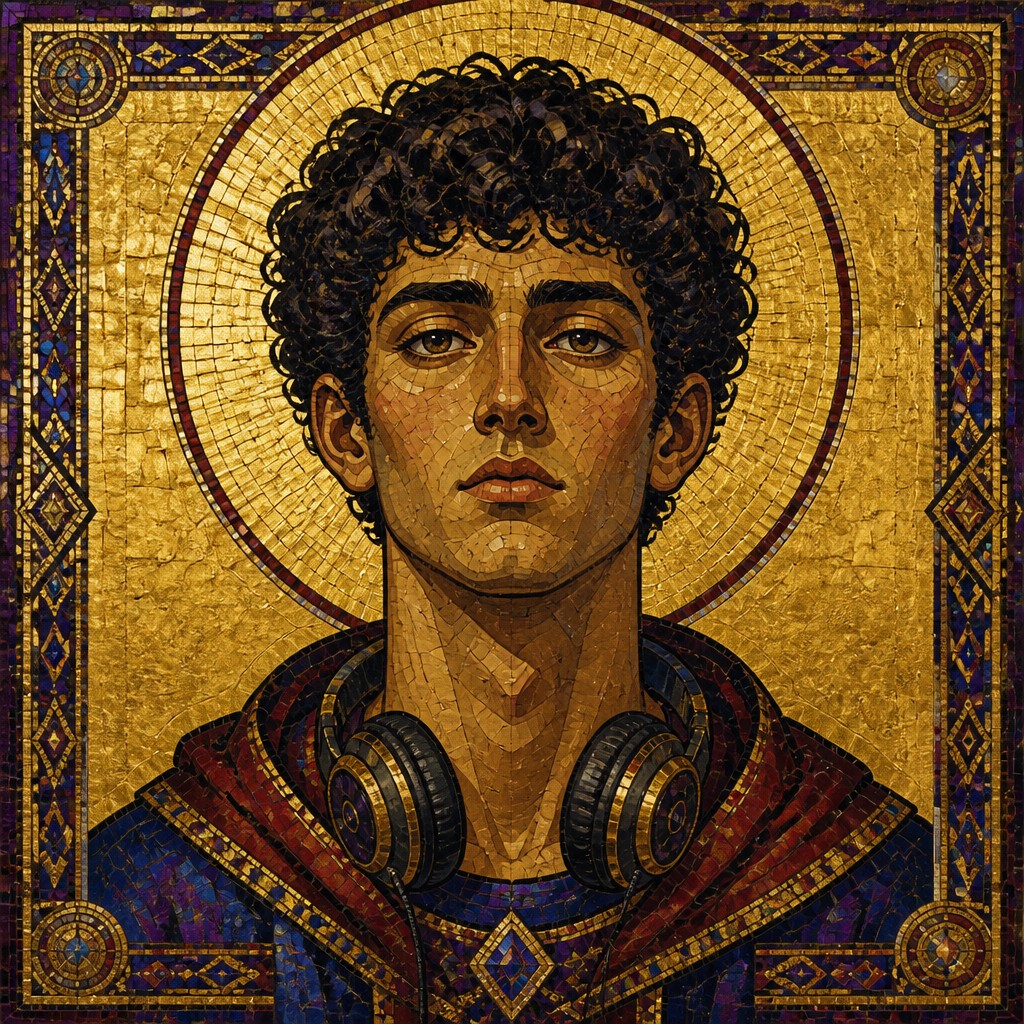 head-and-shoulders portrait of an original character: a young man with curly dark hair and headphones around his neck, plain backdrop, no text