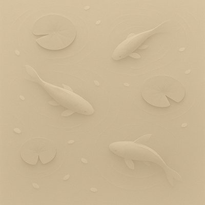 A koi pond seen from above, orange and white koi fish swimming among lily pads, clear water with subtle ripples, fallen cherry blossom petals floating on the surface, dappled sunlight