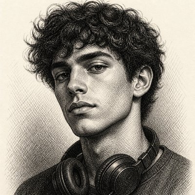 head-and-shoulders portrait of an original character: a young man with curly dark hair and headphones around his neck, plain backdrop, no text
