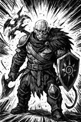 a drawing of a man with a sword and shield