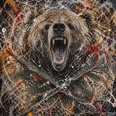 a roaring bear head above crossed pine branches, bold graphic composition on a plain background, no text