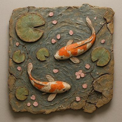 A koi pond seen from above, orange and white koi fish swimming among lily pads, clear water with subtle ripples, fallen cherry blossom petals floating on the surface, dappled sunlight