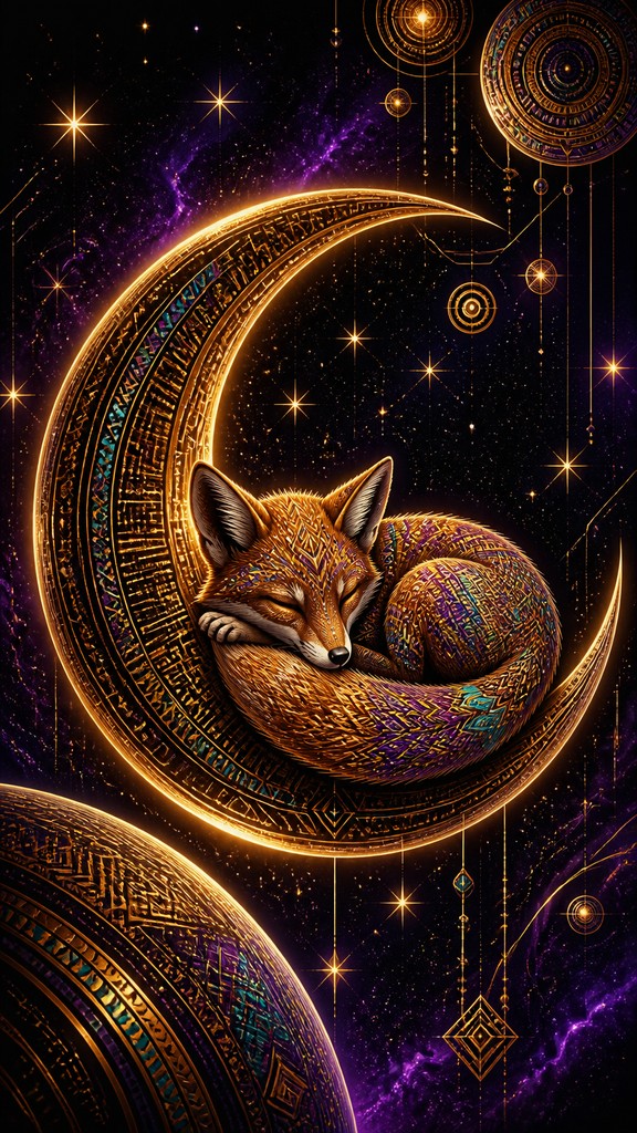 a sleeping baby fox curled on a crescent moon among soft stars, gentle and warm, no text