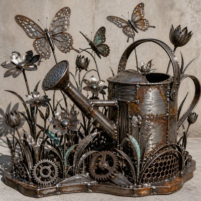 a garden scene with butterflies, flowers and a watering can, clean uncolored line art, no text