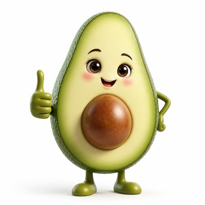 a happy avocado character giving a thumbs up, bold readable design on a plain background, no text