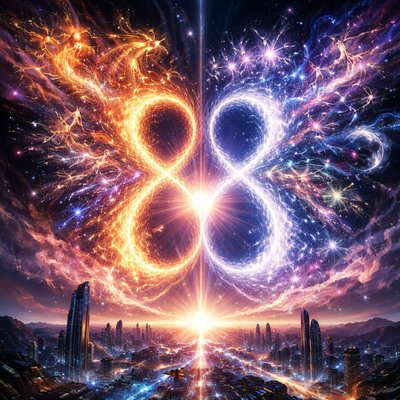 Epic surreal illustration of sun analemma (golden figure-eight path) and lunar analemma (silvery figure-eight) converging side-by-side to form a massive glowing "88" in the twilight sky over a futuristic cityscape, from the central convergence point, all 88 constellations burst forth like exploding stars and mythical figures in chaotic motion—"the crazy 88" as zodiac warriors and celestial beasts emerging with energy trails, dramatic starry background with nebulae, high detail, vibrant colors, sci-fi fantasy blend, cinematic lighting with god rays and volumetric glow