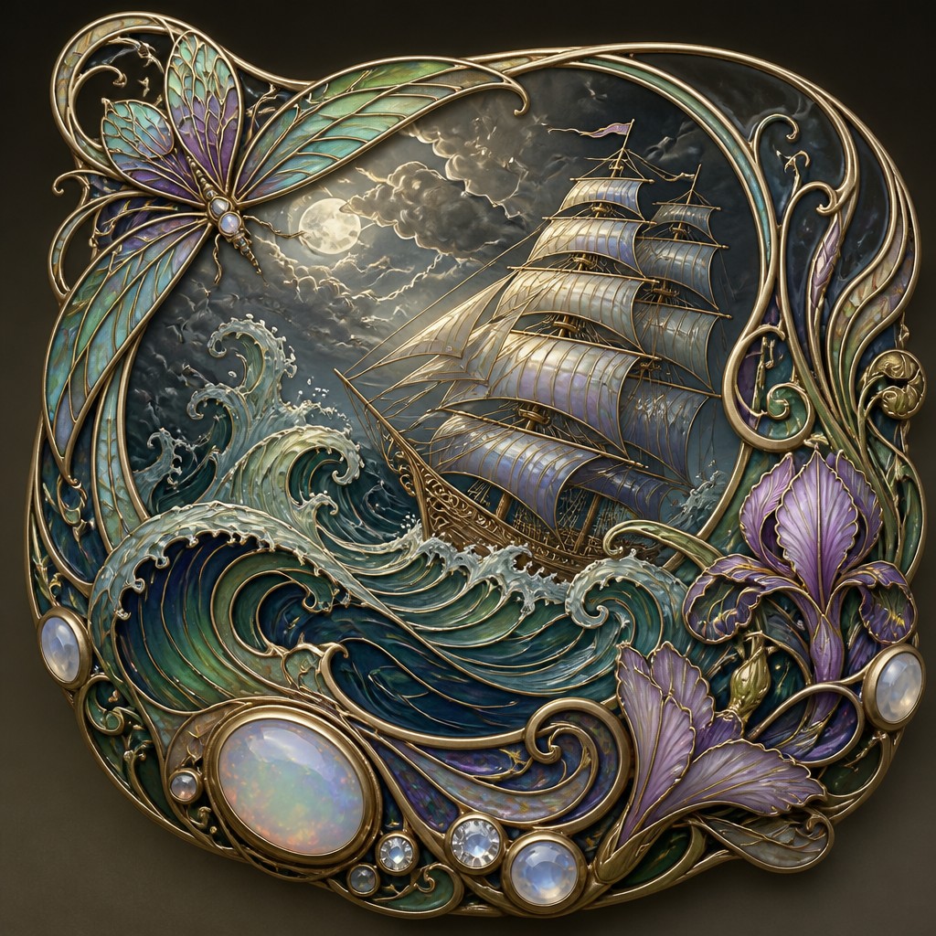 sailing ship on a stormy sea — Art Nouveau Jewelry Design