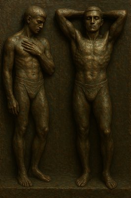 a bronze statue of two men standing next to each other