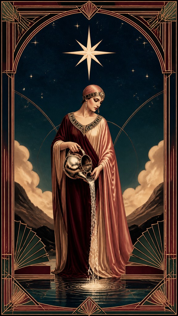 a robed figure pouring water beneath a large eight-pointed star in a night sky, symmetrical composition with an ornate decorative border, no text