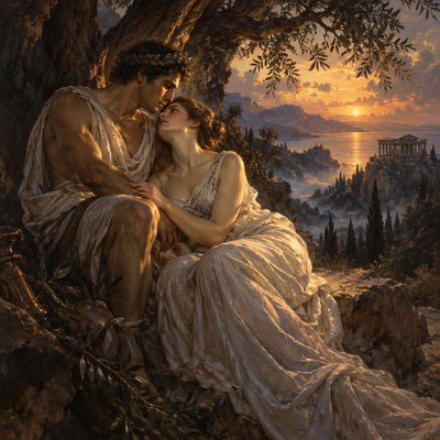 two ancient greek lovers dressed in white robes sit near a tree