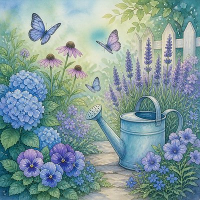 a garden scene with butterflies, flowers and a watering can, clean uncolored line art, no text